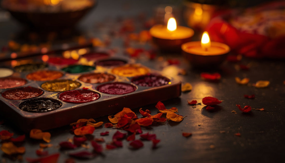 An open paint set in golds, reds and jewel tones beside glowing diya oil lamps and scattered marigold petals — a Diwali craft table.