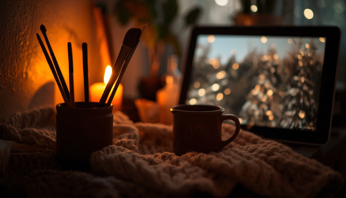 Paint pots and brushes lit by warm candlelight beside a knit blanket and a mug — a cozy craft night in at home.
