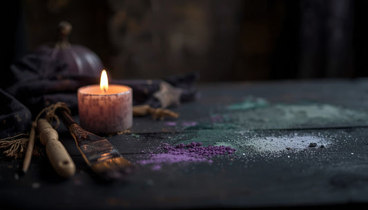 A palette of dusty purples, greys and greens with brushes on a dark wood table lit by a single candle — spooky-cozy painting setup.