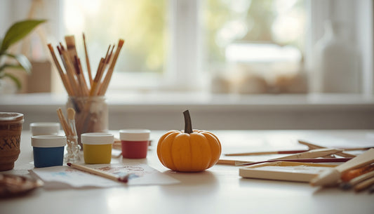 An open, ready-to-go craft kit with paint pots, brushes and a small pumpkin — a last-minute Halloween activity.