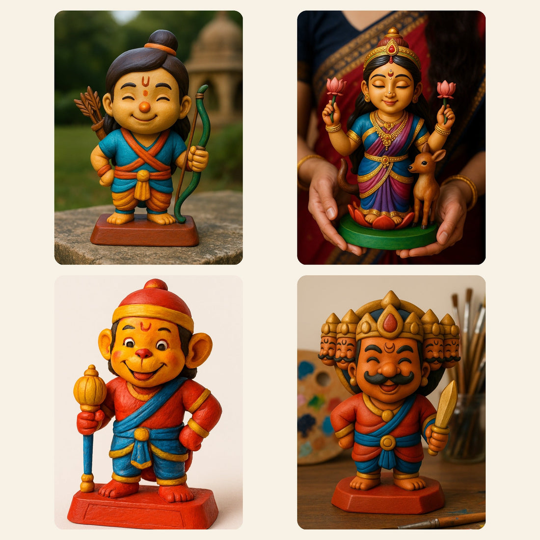 Ram, Sita, Hanuman and Ravan paint-your-own figurines shown painted — the ColorFig Ramayana Diwali set
