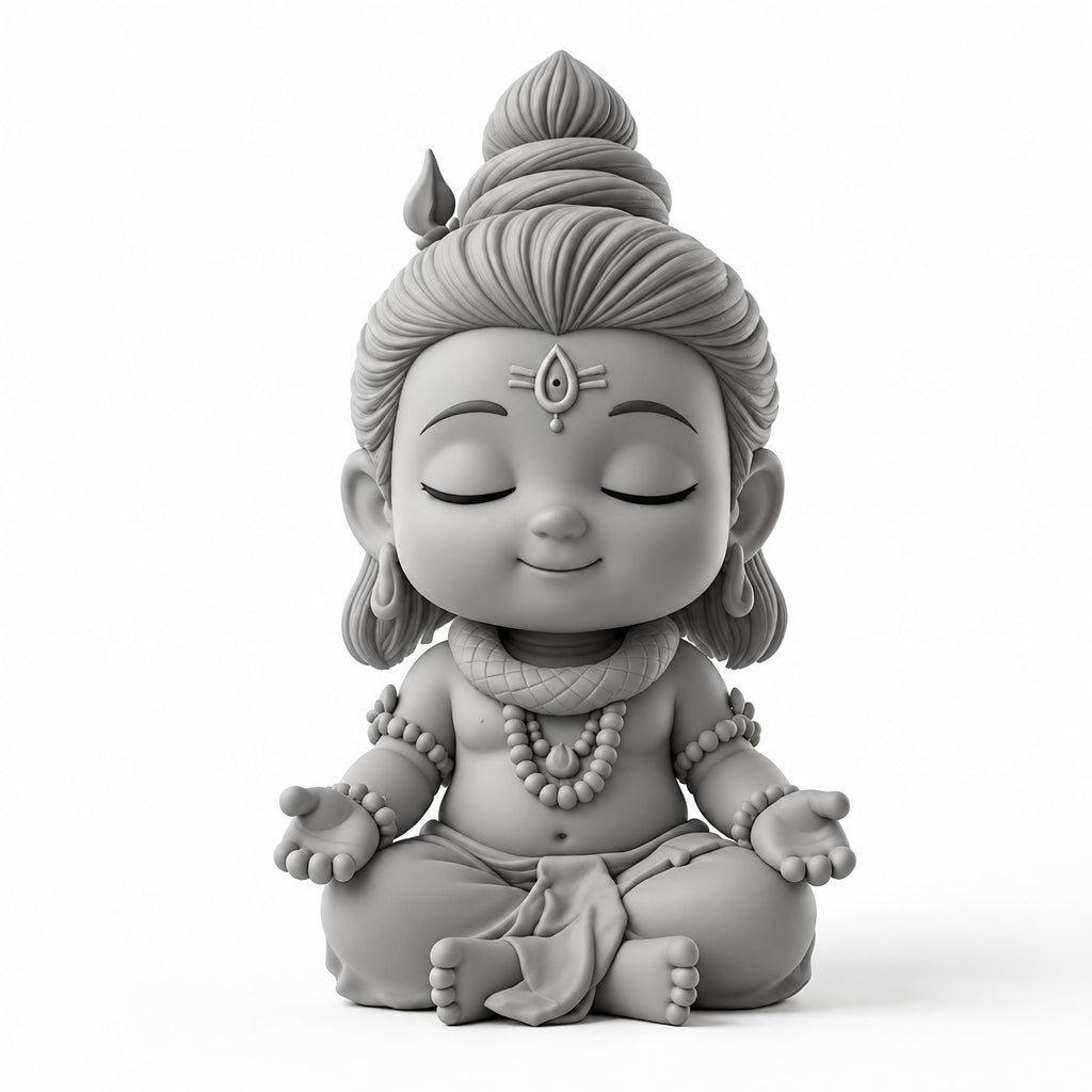 Shiva paint-your-own figurine kit, unpainted white 3D-printed figure seated cross-legged in meditation with a top-knot and crescent moon.