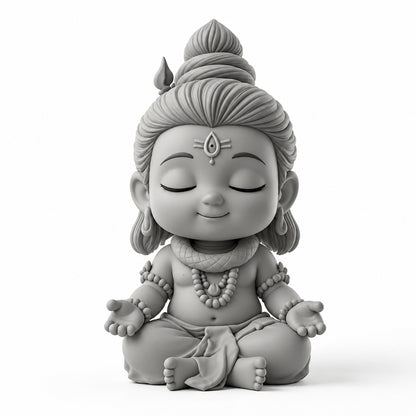 Shiva paint-your-own figurine kit, unpainted white 3D-printed figure seated cross-legged in meditation with a top-knot and crescent moon.