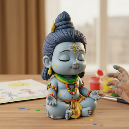 Hand-painted Shiva figurine in blue and saffron with gold accents, a painted sample of the ColorFig paint-your-own craft kit.