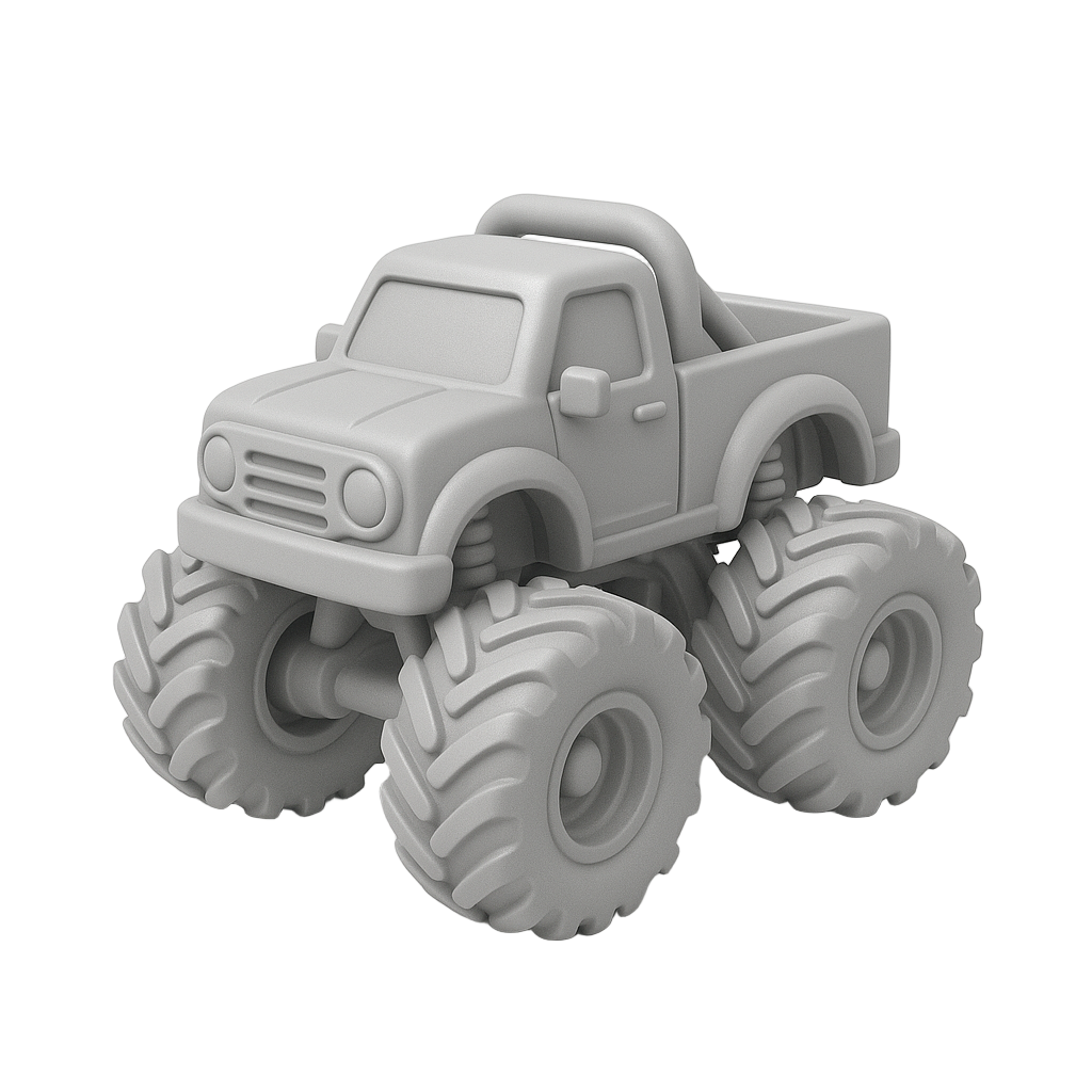 Monster Truck Mayhem — unpainted white 3D-printed figurine, front view, ColorFig Motion & Machines collection, ready to paint