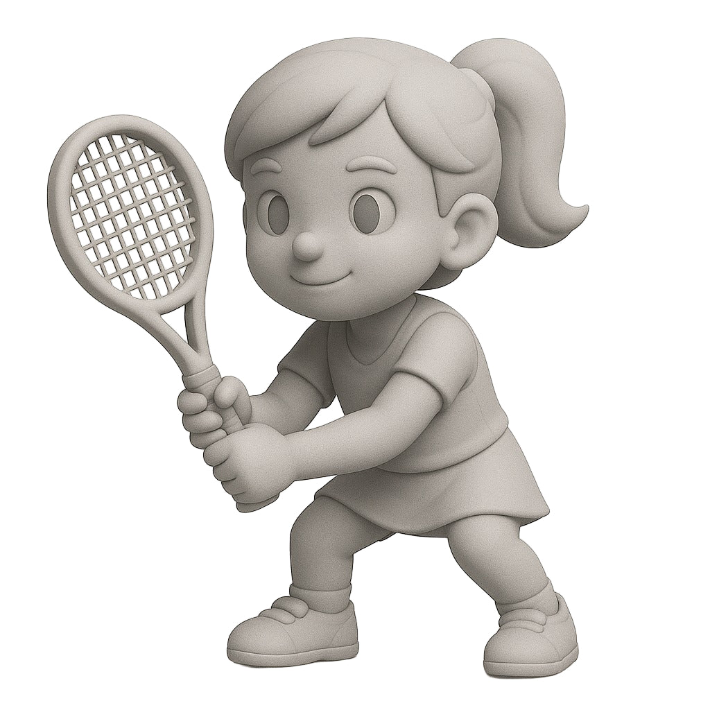 Paintable 3D Spark figurine — girl tennis player in ready stance holding a racket, ponytail and sneakers.