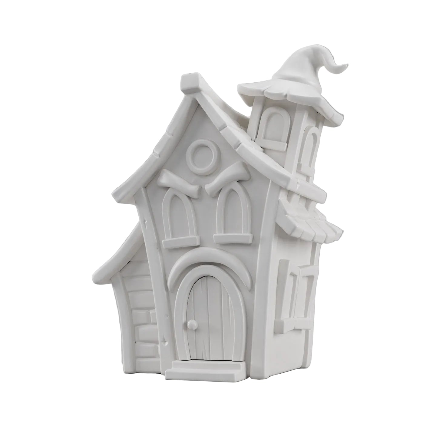 Creaky Manor — unpainted white 3D-printed haunted house figurine, ColorFig Halloween collection, ready to paint