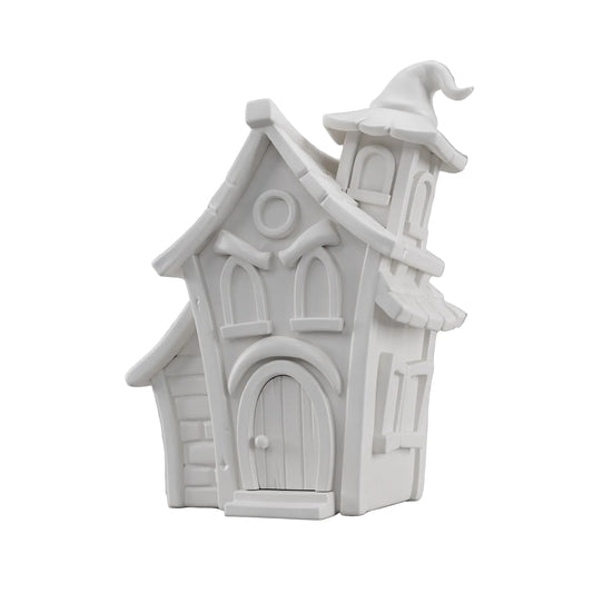 Creaky Manor — unpainted white 3D-printed haunted house figurine, ColorFig Halloween collection, ready to paint