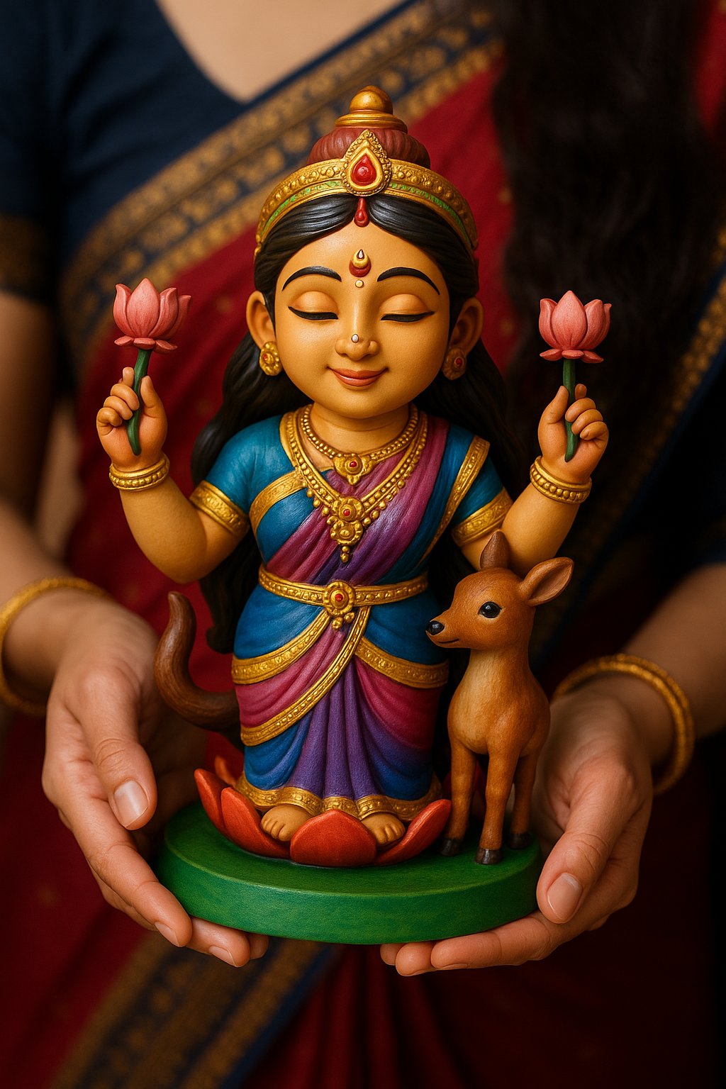 Ramayana figurine set — painted Sita example with lotuses and deer, ColorFig paintable 3D-printed kit