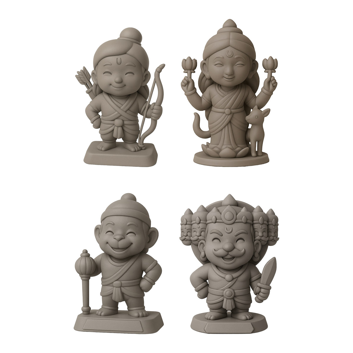 What arrives in the Ramayana set — four unpainted 3D-printed figurines of Ram, Sita, Hanuman and Ravan, ready to paint